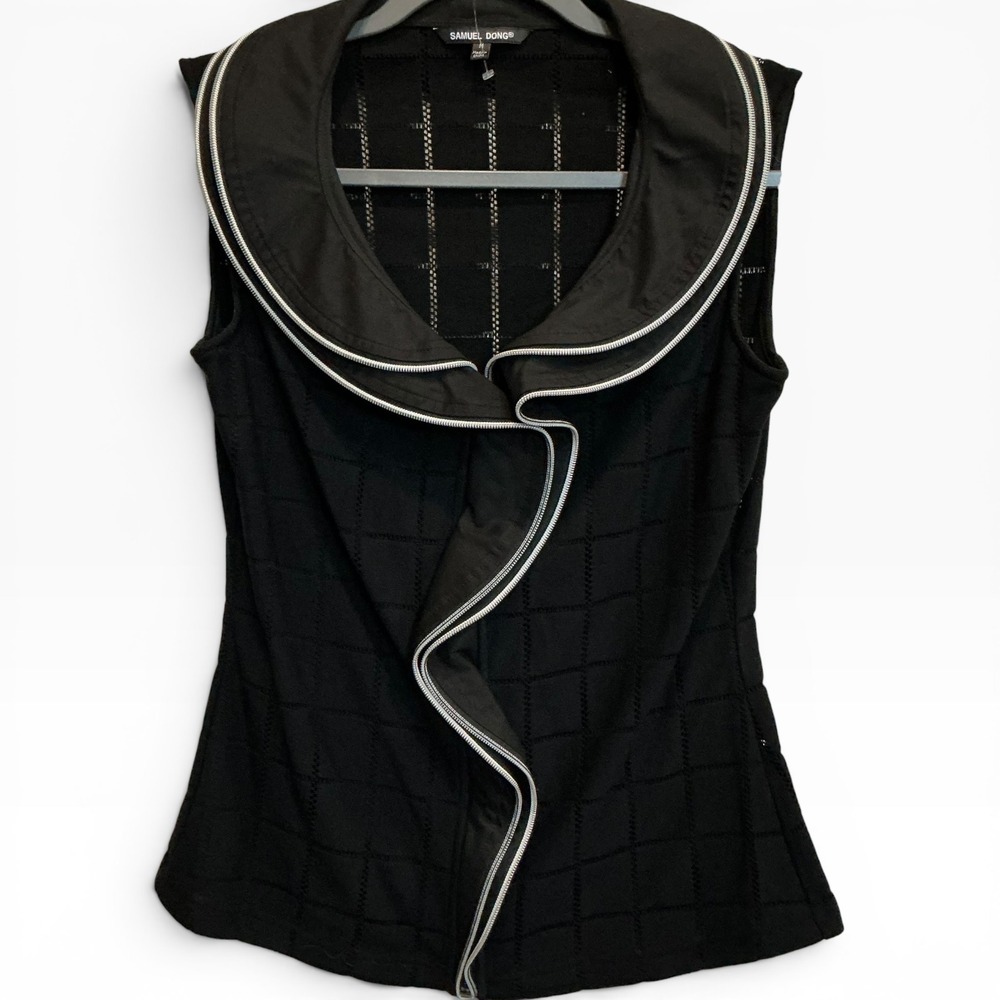 Samuel Dong Black Open Knit Ruffle Zip Trim Sleeveless Top Avant Garde M New